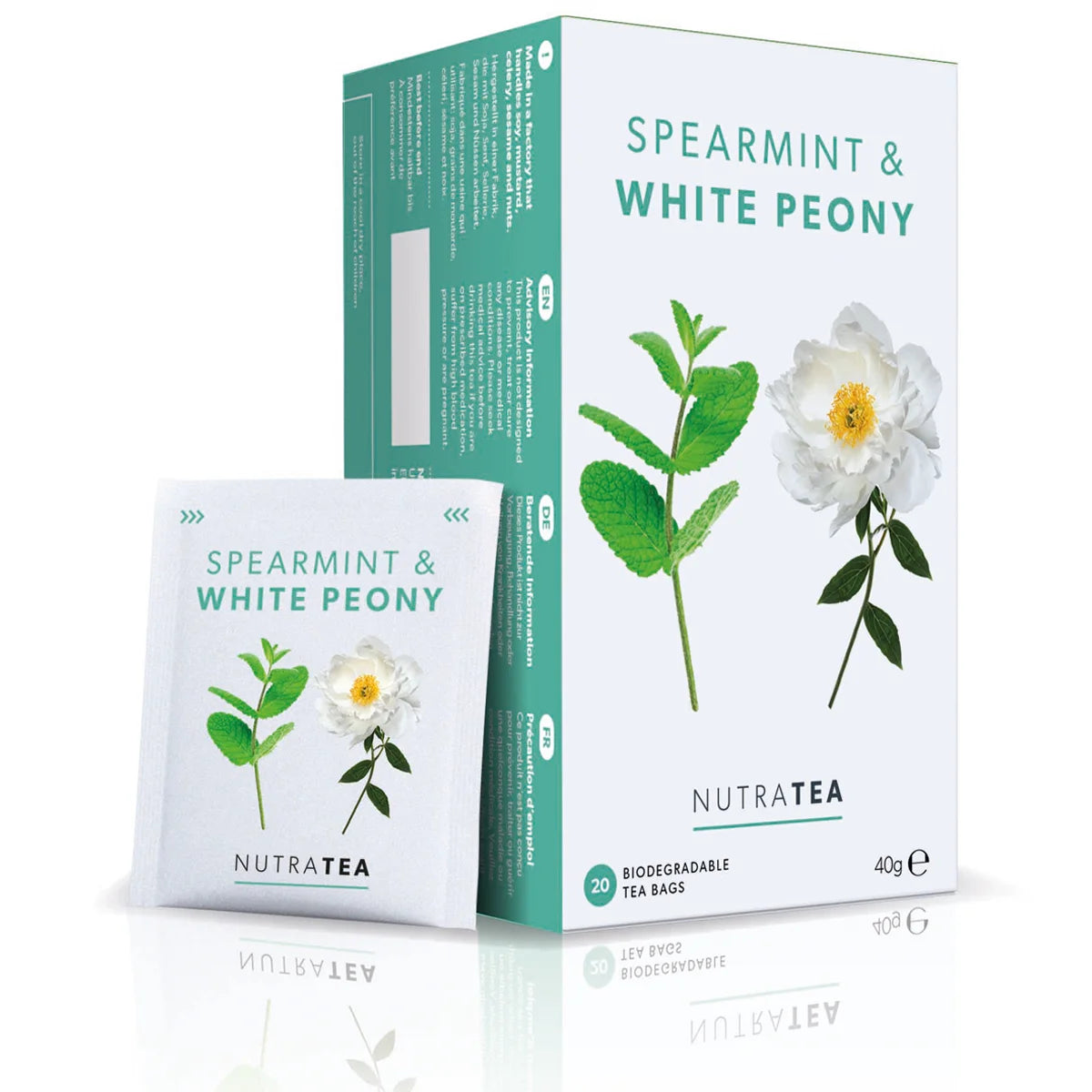 NutraTea Spearmint & White Peony tea packaging on a white background
