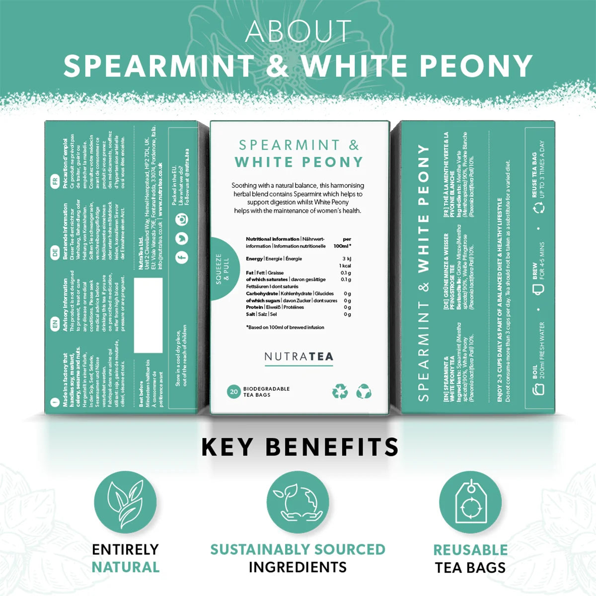 Spearmint & White Peony tea packaging with key benefits listed.