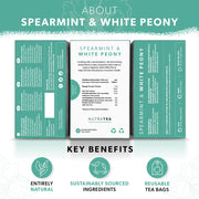 Spearmint & White Peony tea packaging with key benefits listed.
