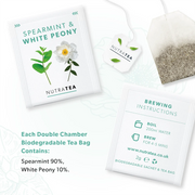 NutraTea spearmint and white peony tea bags with brewing instructions on a white background