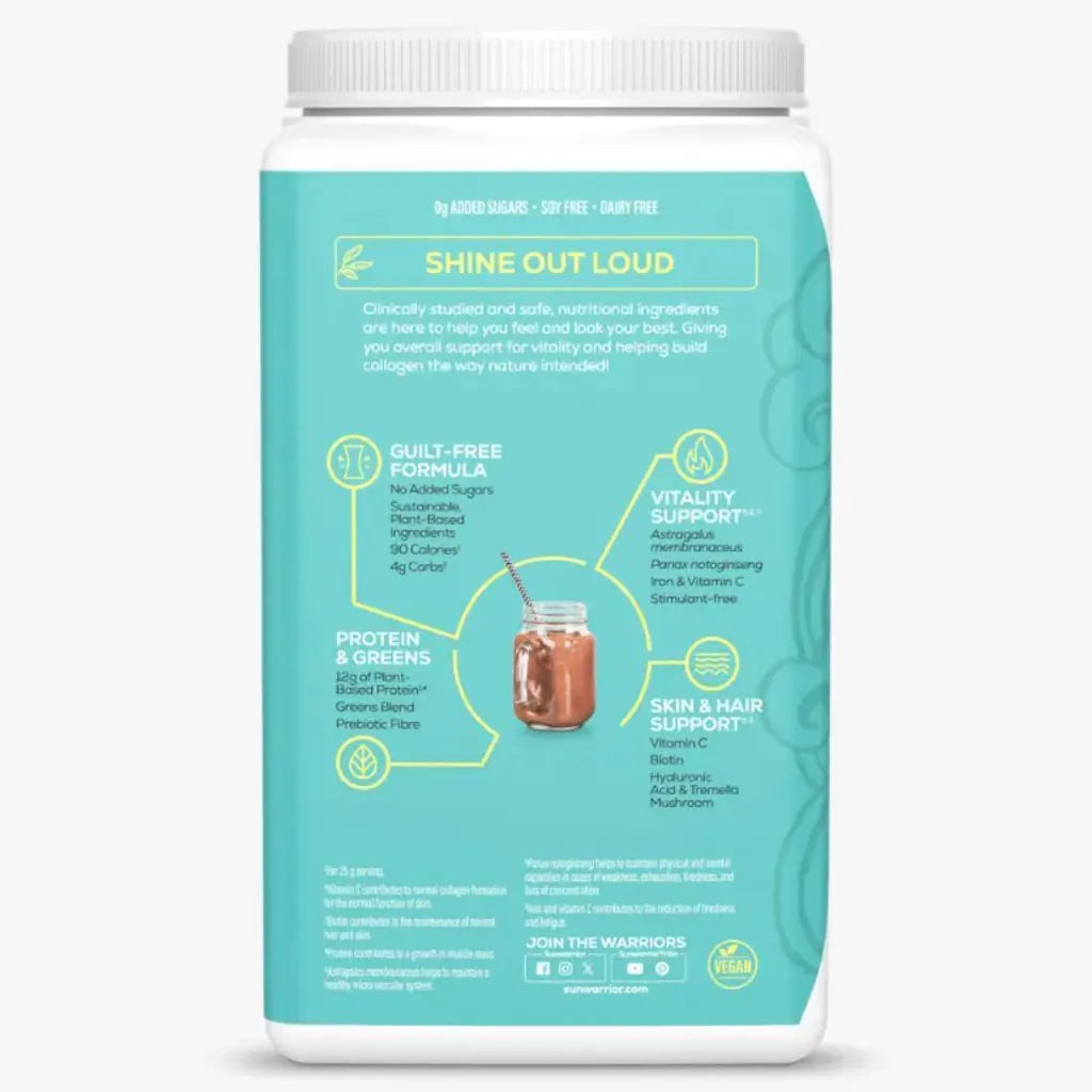 Supplement facts and ingredients list for Sunwarrior Shape Chocolate