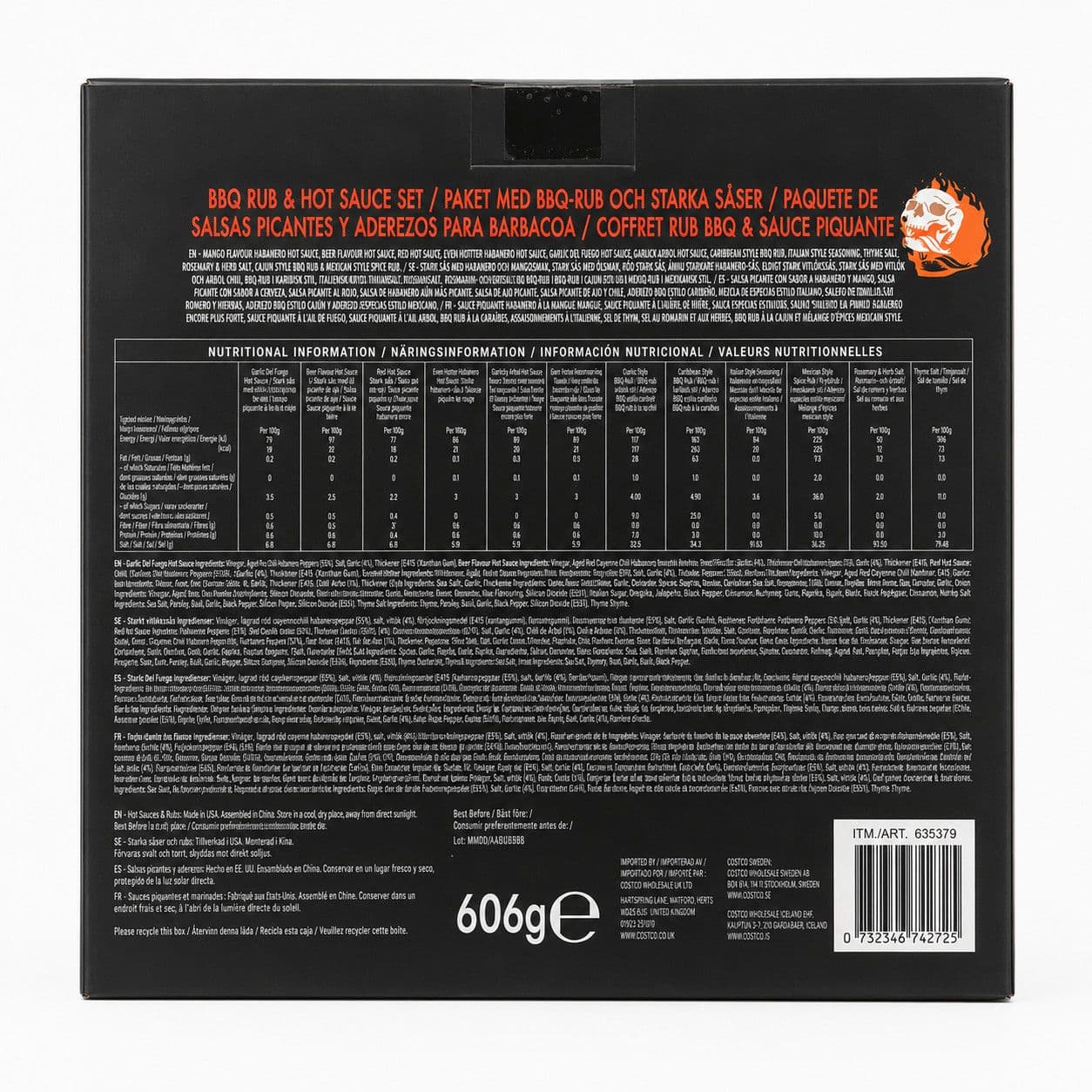 houghtfully BBQ Rub & Hot Sauce Gift Set, assorted sauce bottles and seasoning packaging, assorted flavours, 12 pieces, 606g, ingredients information & barcode