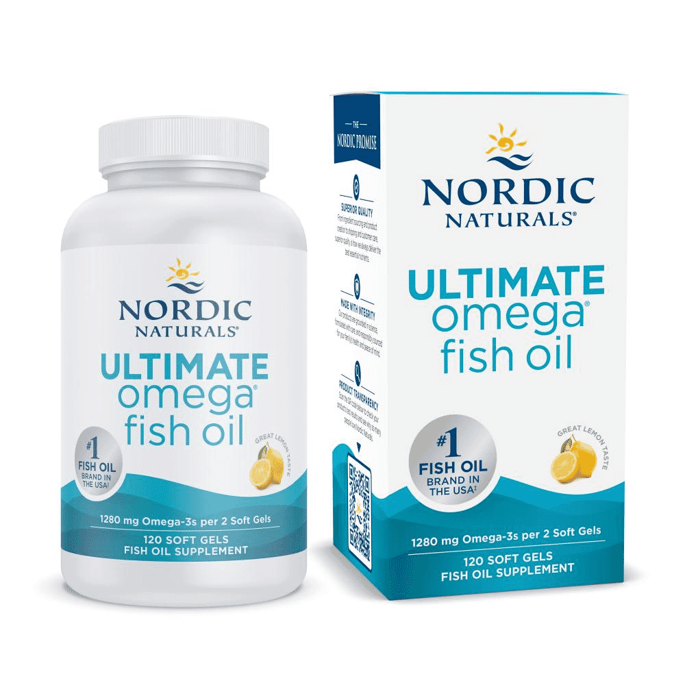 Nordic Naturals Ultimate Omega-3 Lemon Flavoured Fish Oil 120 Softgels bottle & box.