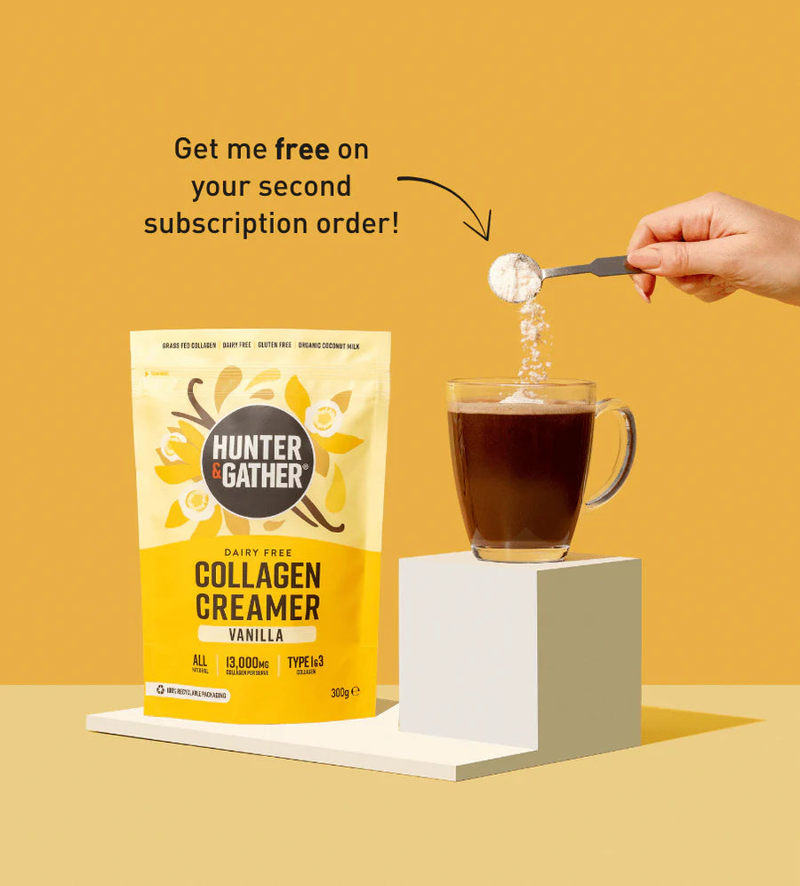 Hunter and Gather collagen creamer package with a hand adding it to a cup of coffee on a yellow background.