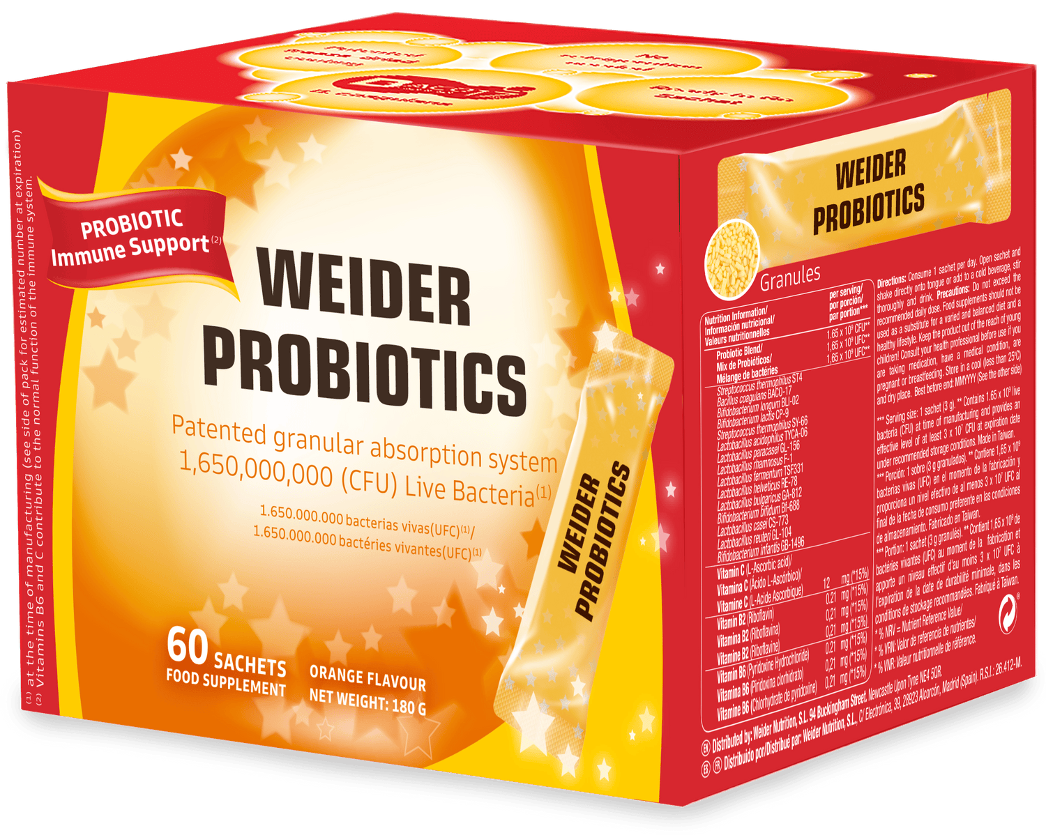 Front: Weider Microbiotics Immune Support probiotic box with 60 single-dose sachets, orange flavour, on white background.