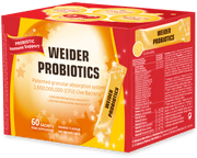 Front: Weider Microbiotics Immune Support probiotic box with 60 single-dose sachets, orange flavour, on white background.