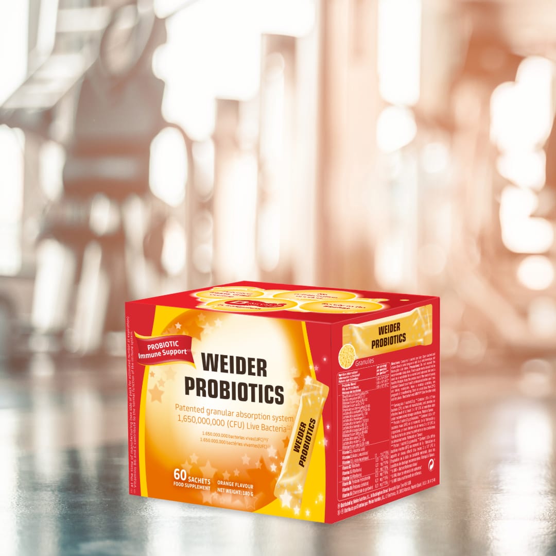 Sideview: Supplement facts and usage instructions for Weider Microbiotics probiotic sachets, shown on white background.