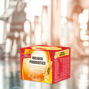 Sideview: Supplement facts and usage instructions for Weider Microbiotics probiotic sachets, shown on white background.