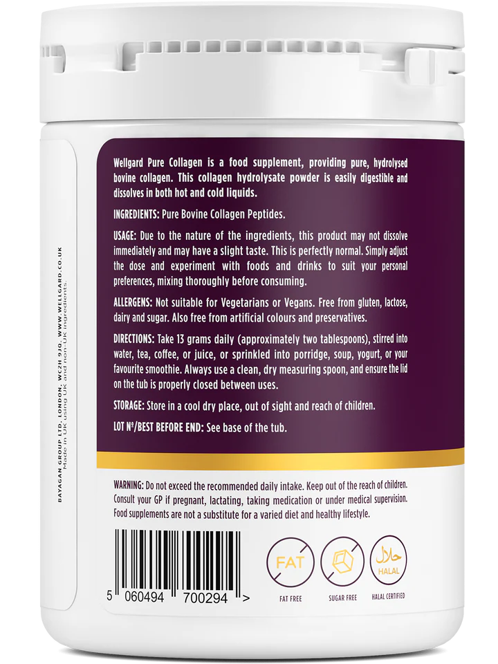 Barcode, batch number, and best-by date for Wellgard Collagen 400g.