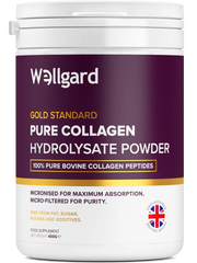 Sealed tub of Wellgard Pure Bovine Collagen Peptides Powder, 400g, on clean white background.