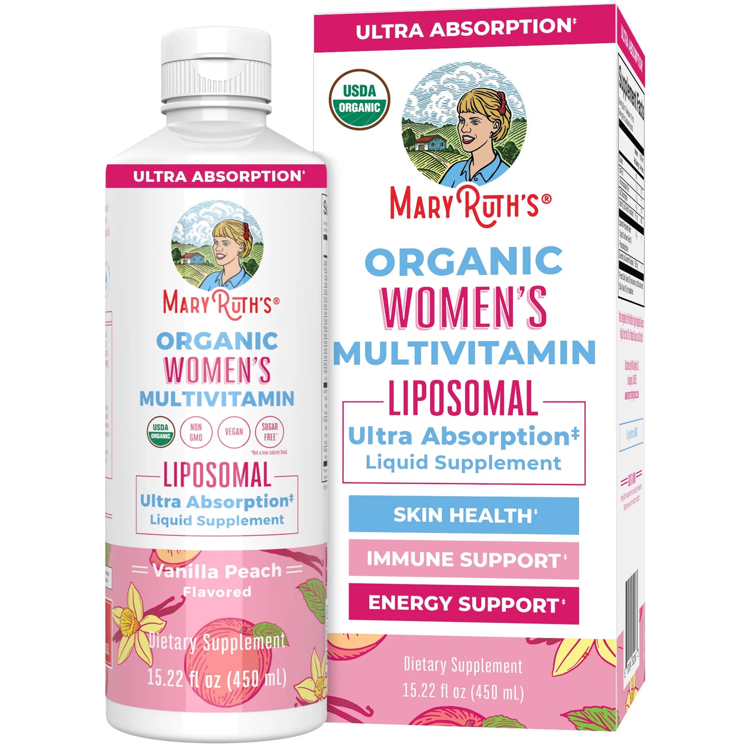 MaryRuth’s Women’s Liposomal Multivitamin liquid bottle & box vanilla peach flavour 450ml quantity