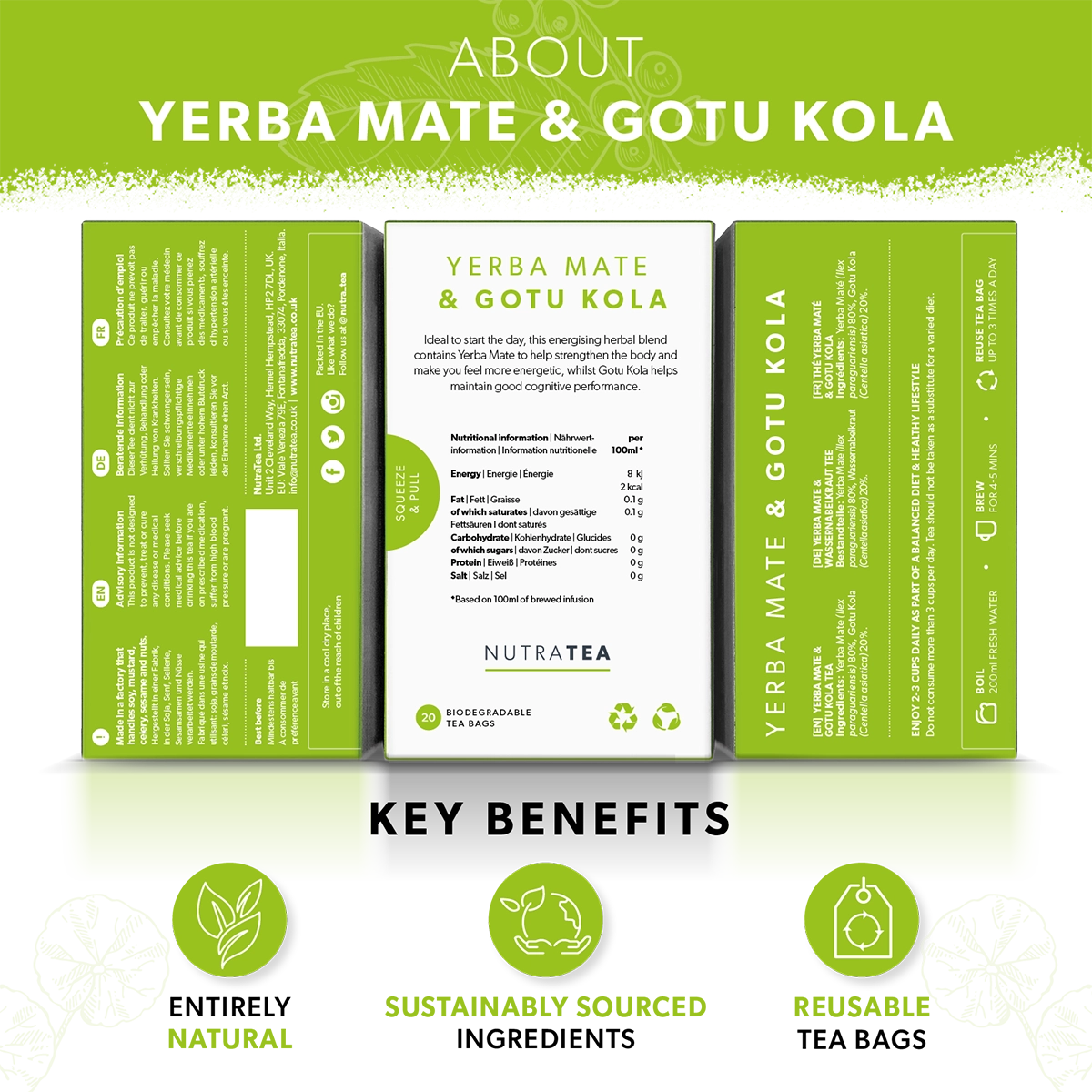NutraTea Yerba Mate & Gotu Kola packaging with key benefits highlighted on a green background.