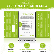 NutraTea Yerba Mate & Gotu Kola packaging with key benefits highlighted on a green background.