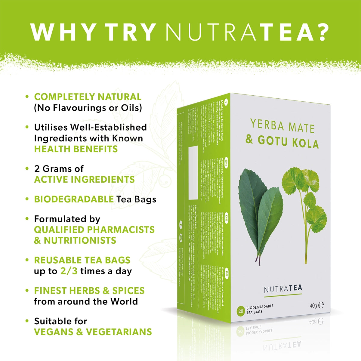 NutraTea Yerba Mate & Gotu Kola packaging with health benefits listed on a green background