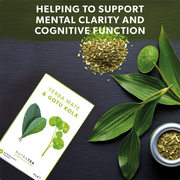 Yerba Mate and Gotu Kola packaging with leaves and text on a dark background