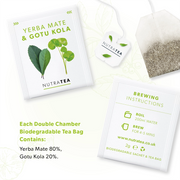 NutraTea yerba mate and gotu kola tea bags with brewing instructions on a white background