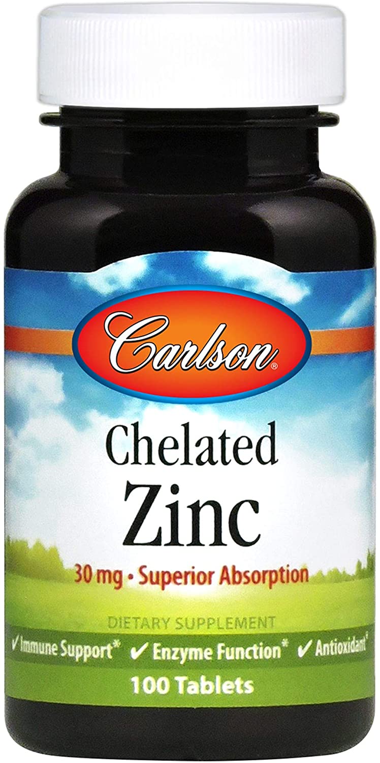 Carlson Labs Chelated Zinc, 30mg | Superior Absorption Enzyme | - 100 Tablets